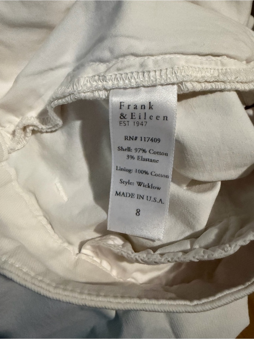 Frank & Eileen Wicklow Italian Cotton Chino Cropped Pants White 8 Raw Hem - Picture 7 of 8